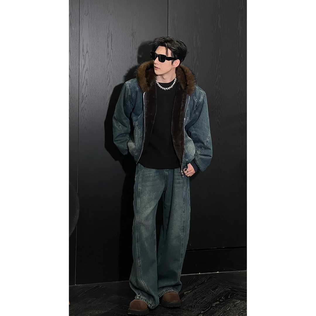 龙叨叨秋冬新品美式复古毛领连帽夹克宽松休闲上衣直筒百搭长裤男