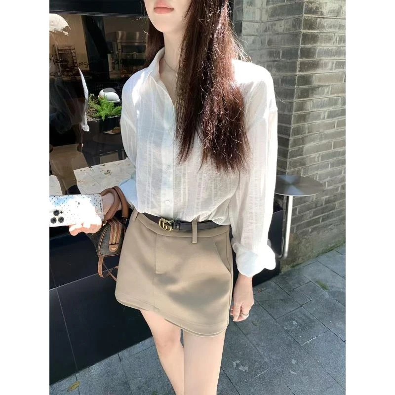 【宋慧乔同款衬衫】韩系简约宽松慵懒防晒薄款翻领白色竖条纹上衣