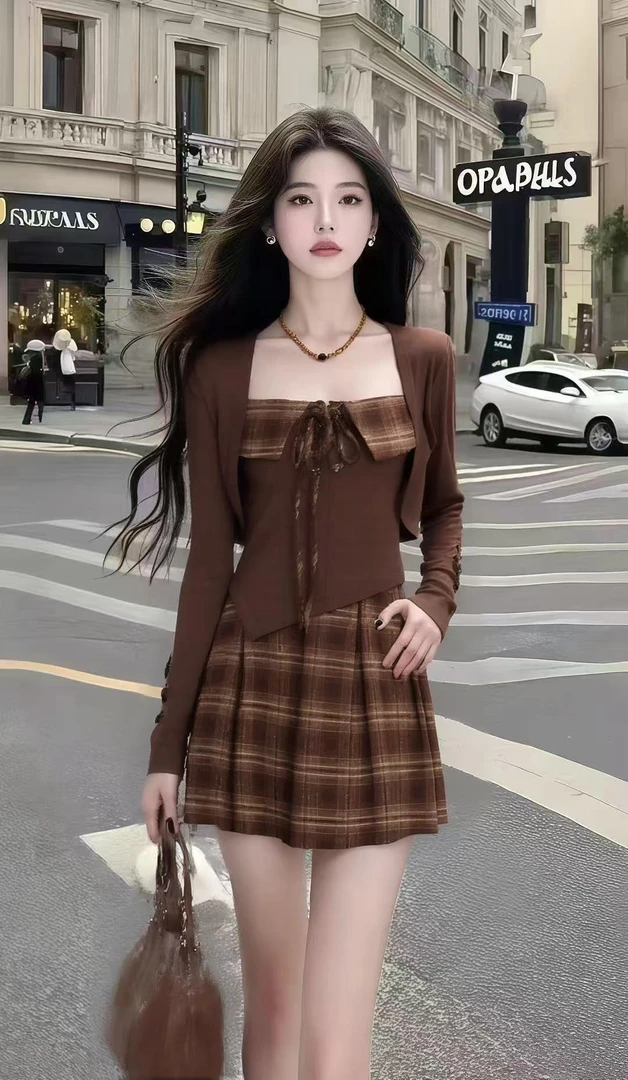 休闲通勤风咖色格子一字肩修身收腰连衣裙+咖色百搭长袖开衫套装