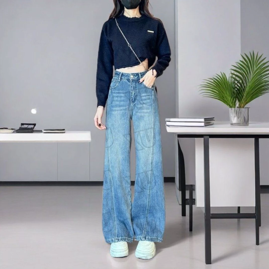 蓝色大码阔腿牛仔裤女春季小个子高腰直筒裤子百搭宽松休闲长裤潮