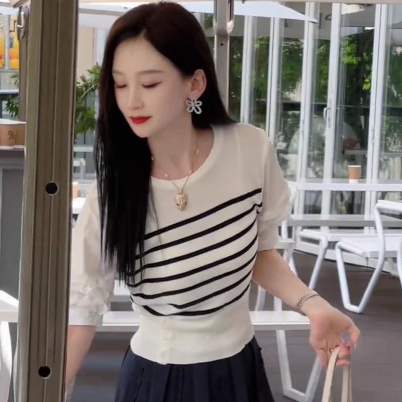 2025夏季新款时尚圆领撞色条纹洋气五分袖针织衫小众修身显瘦上衣