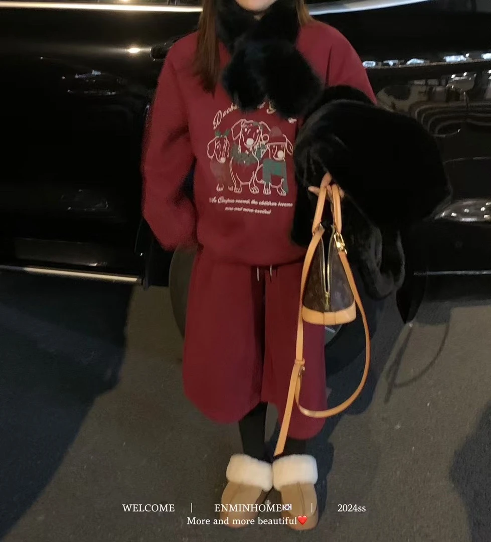 新年红加绒卫衣套装女～