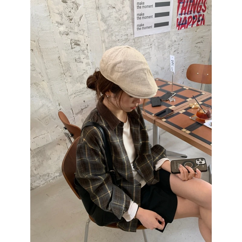 JMHH【方吐司】复古磨毛格子衬衫女秋韩版宽松显瘦休闲POLO领衬衣