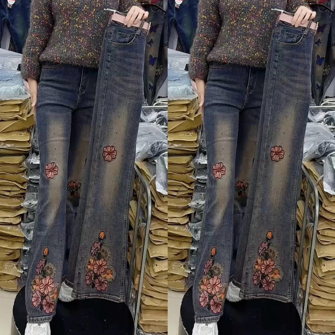 新款重工刺绣烫钻荷花微喇牛仔裤复古修身时尚显瘦百搭（裤长约1米
