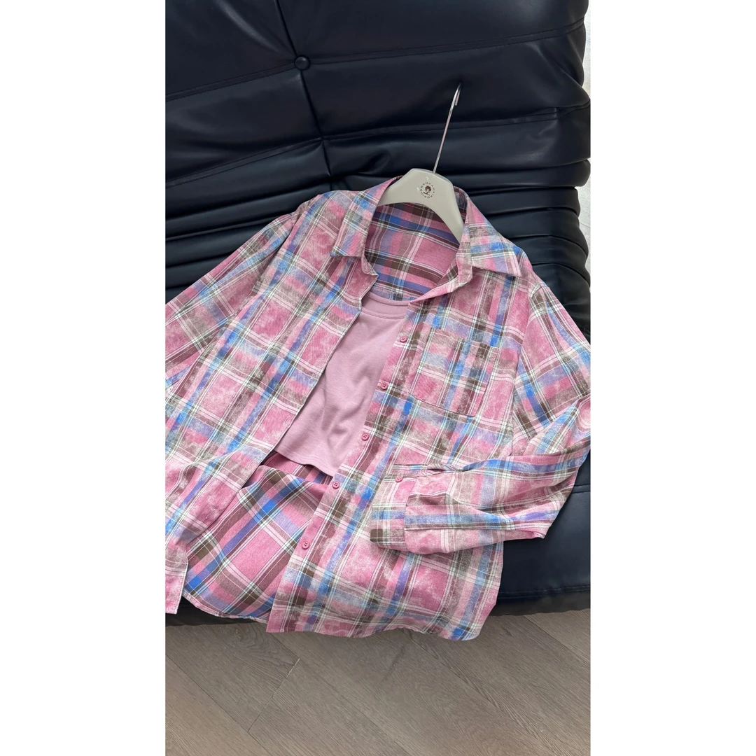 暴躁小明 美式复古做旧晕染格子衬衫休闲百搭POLO领长袖上衣/3608