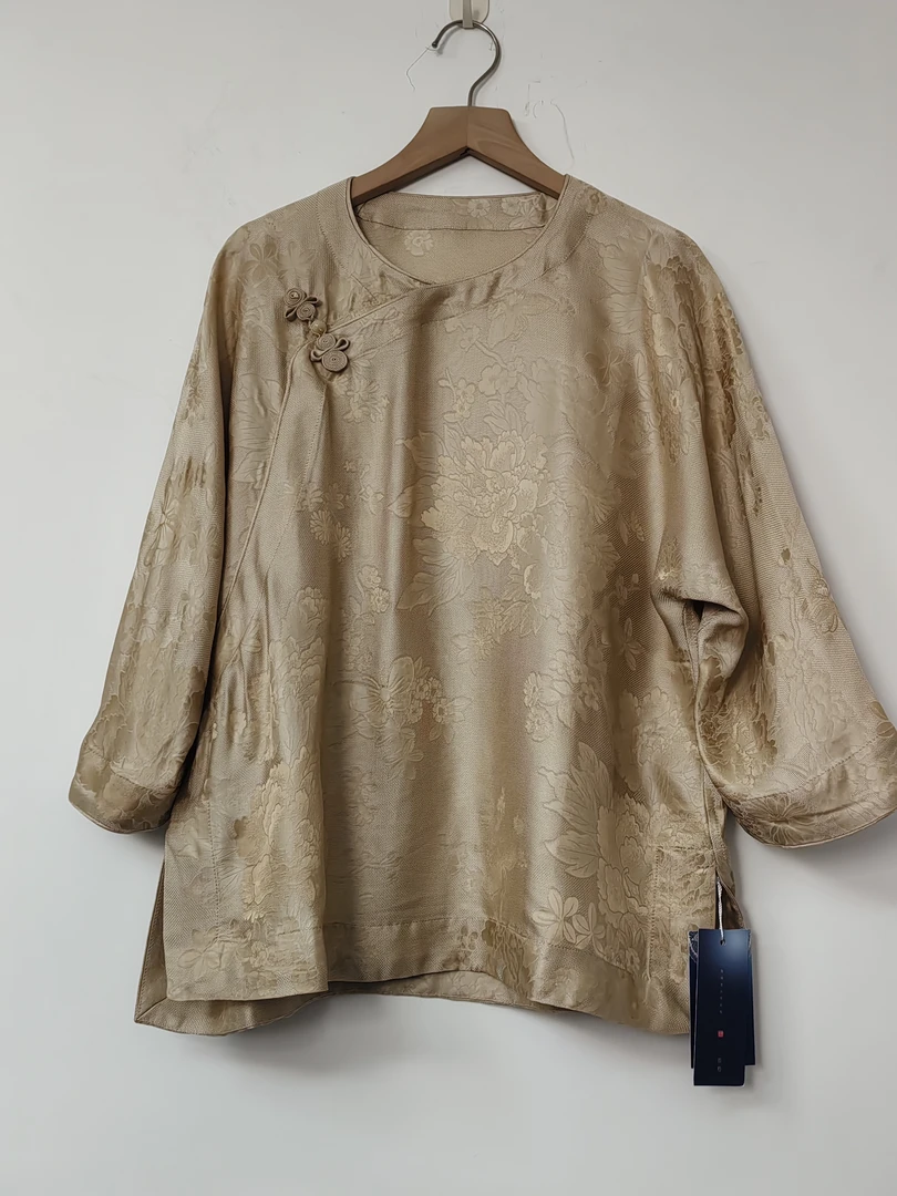 chu-50212桑蚕丝花萝斜襟圆领中袖复古气质款衬衫