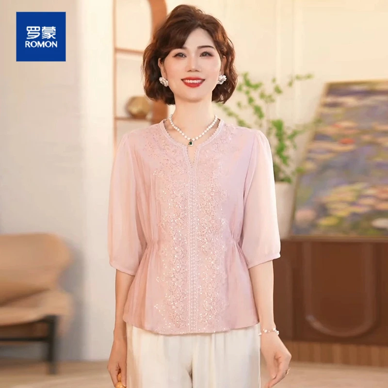 中年妈妈夏季V领短袖小衫套装2025新款洋气上衣中老年女装两件套