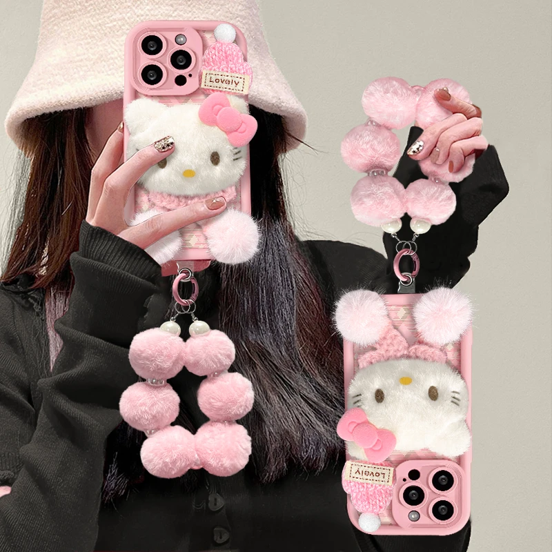 粉KT毛绒公仔适用iPhone15苹果13手机壳16promax少女心14防摔硅胶