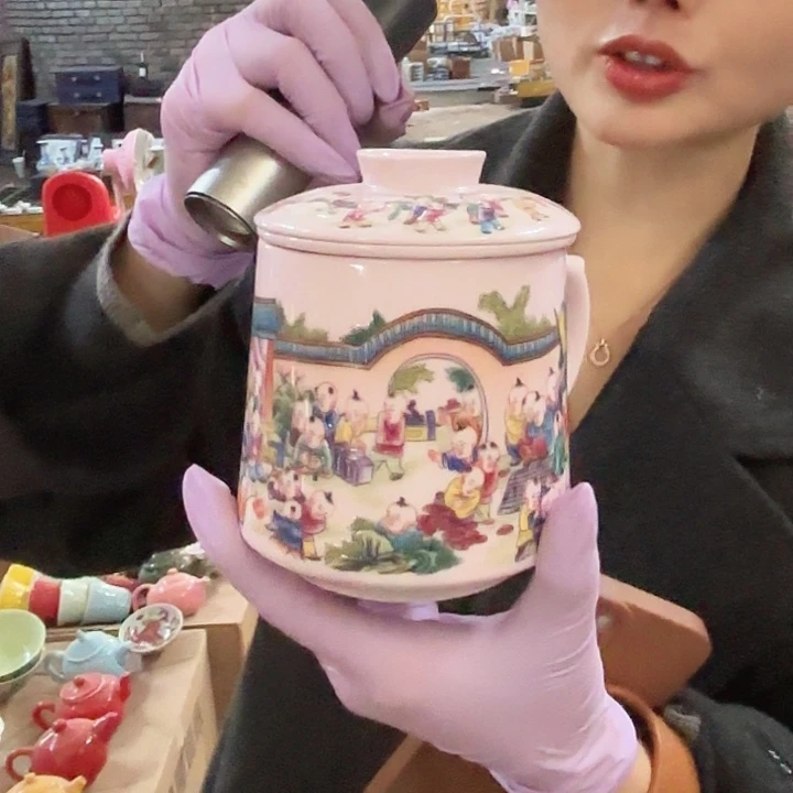 陶摆件景德镇高温陶瓷百子图红希办公杯