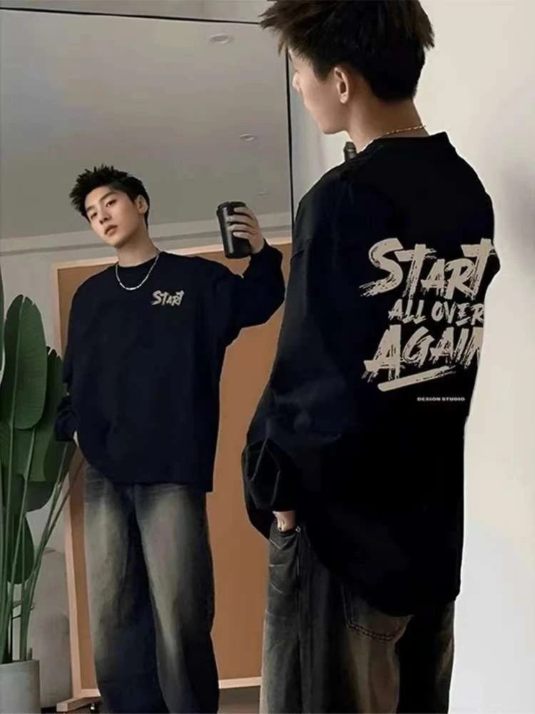 秋冬季潮牌复古字母印花宽松重磅长袖T恤男美式休闲纯棉高街打底