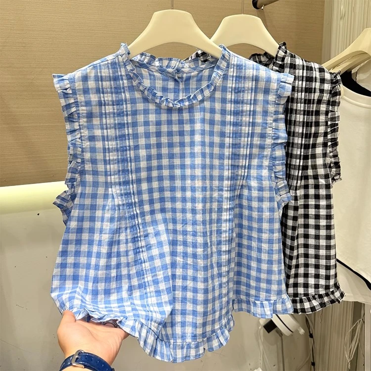 2025年夏季新款韩版时尚圆领木耳边格子无袖衬衫女显瘦百搭上衣潮
