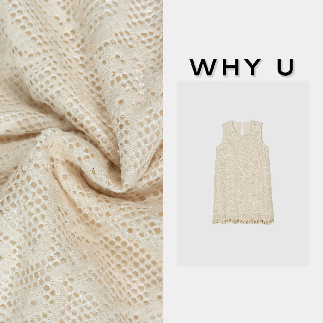 WHYU夏季新款极简风装饰领镂空流苏杏色砍袖连衣裙【珞可】25SS