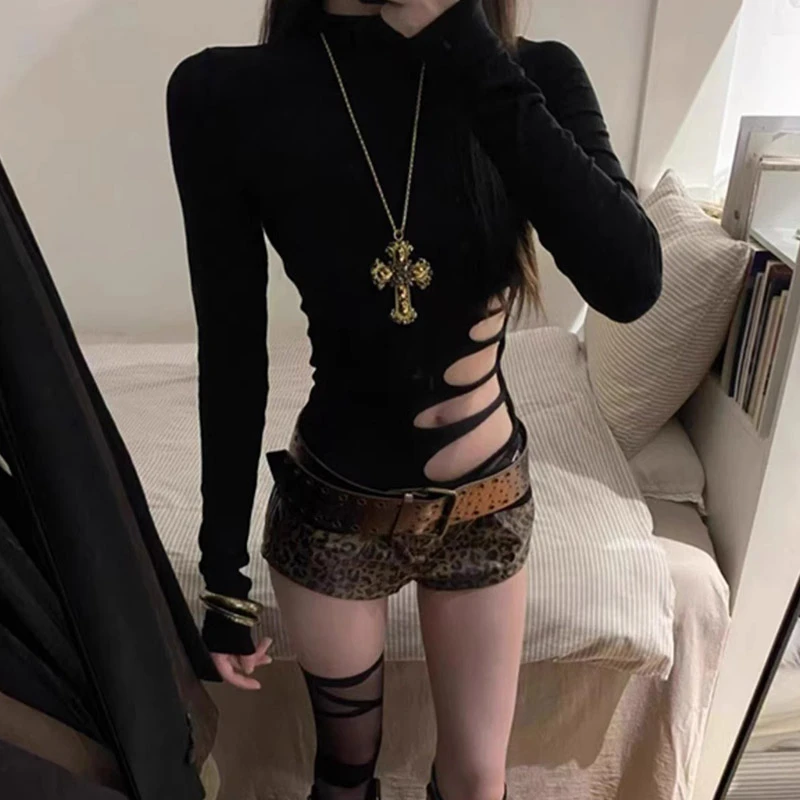 黑色高领镂空设计感长袖T恤女装早春季打底衫内搭辣妹风性感上衣