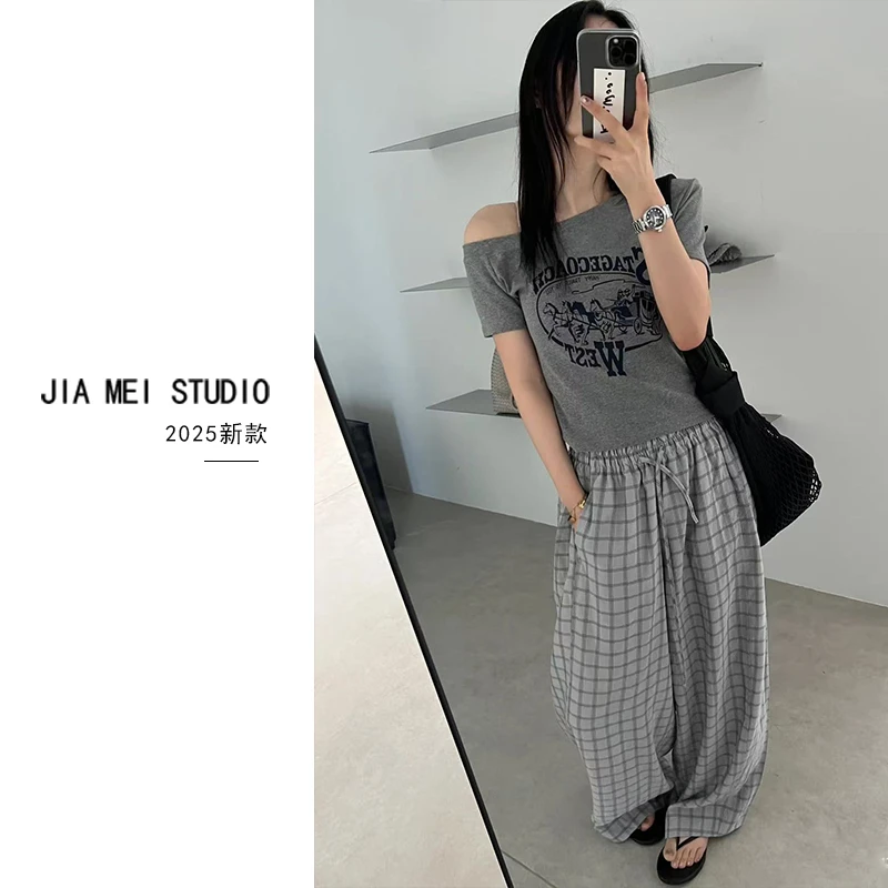 C102露肩T恤2025夏季新品韩版小设计感修身短袖上衣女小个子