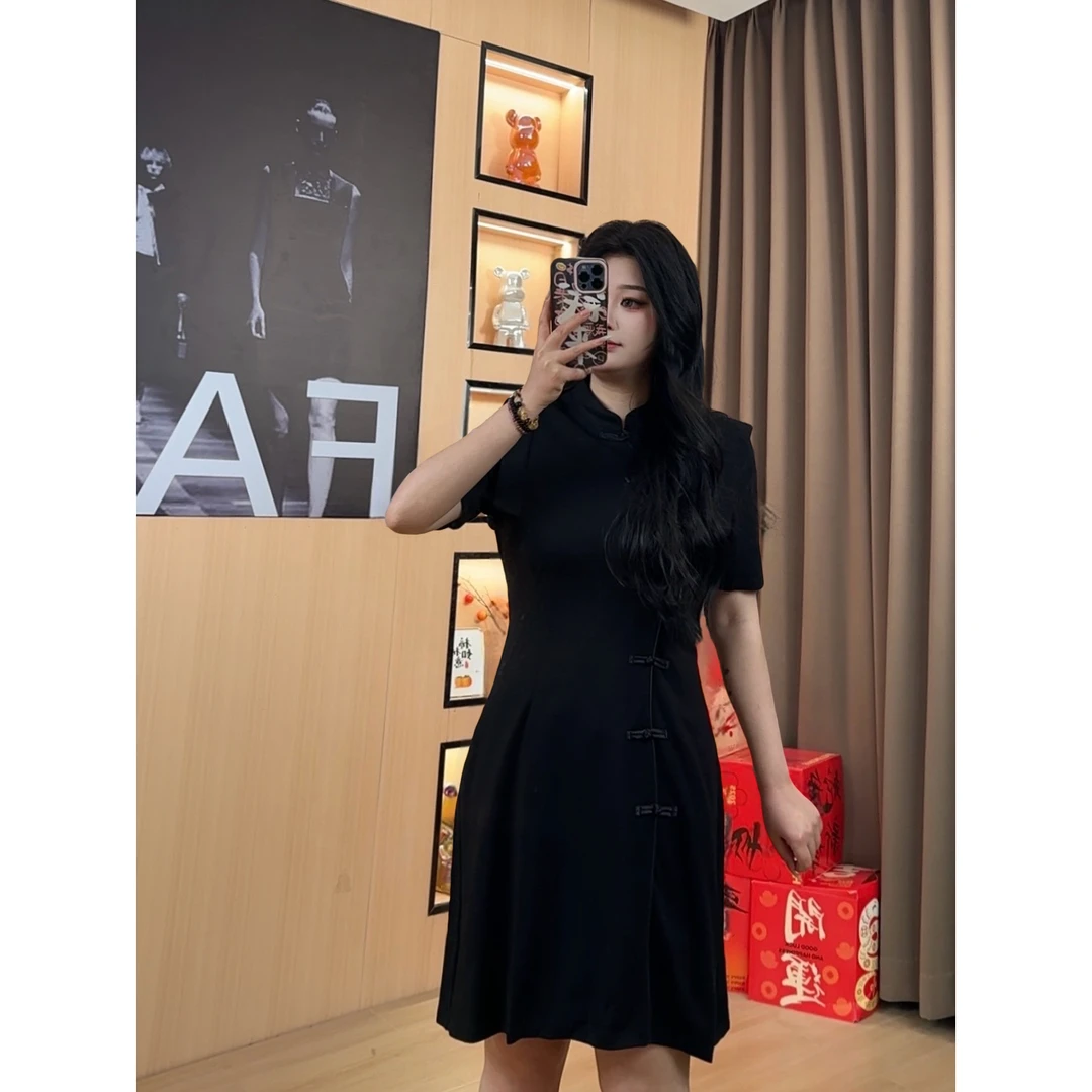 胖mm微胖定制~【岁岁与共】时尚复古新中式国风显瘦小黑裙 LHC1069