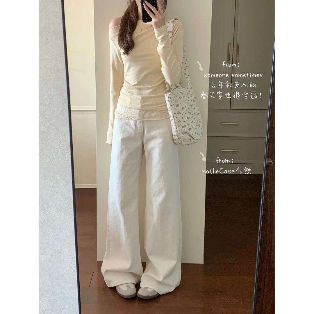 白色高腰微喇牛仔裤女2025新款休闲百搭显瘦宽松阔腿小个子拖地裤