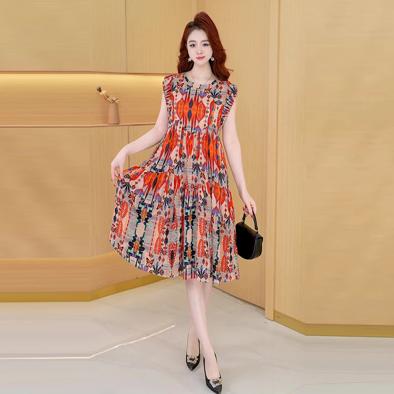 【连衣裙】夏季新款时尚洋气韩版气质显瘦减龄宽松遮肚印花连衣裙