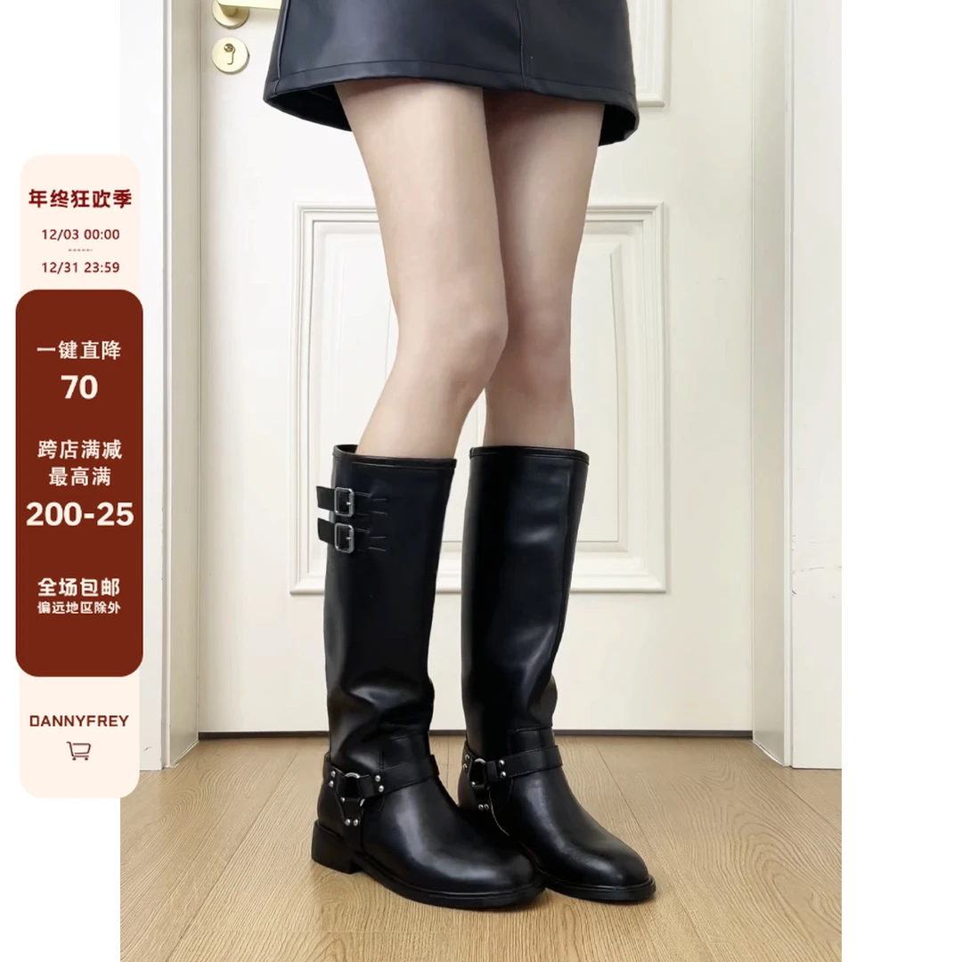 Dannyfrey牛皮时髦复古皮带扣女圆头粗跟显瘦铆钉长筒骑士靴3CM