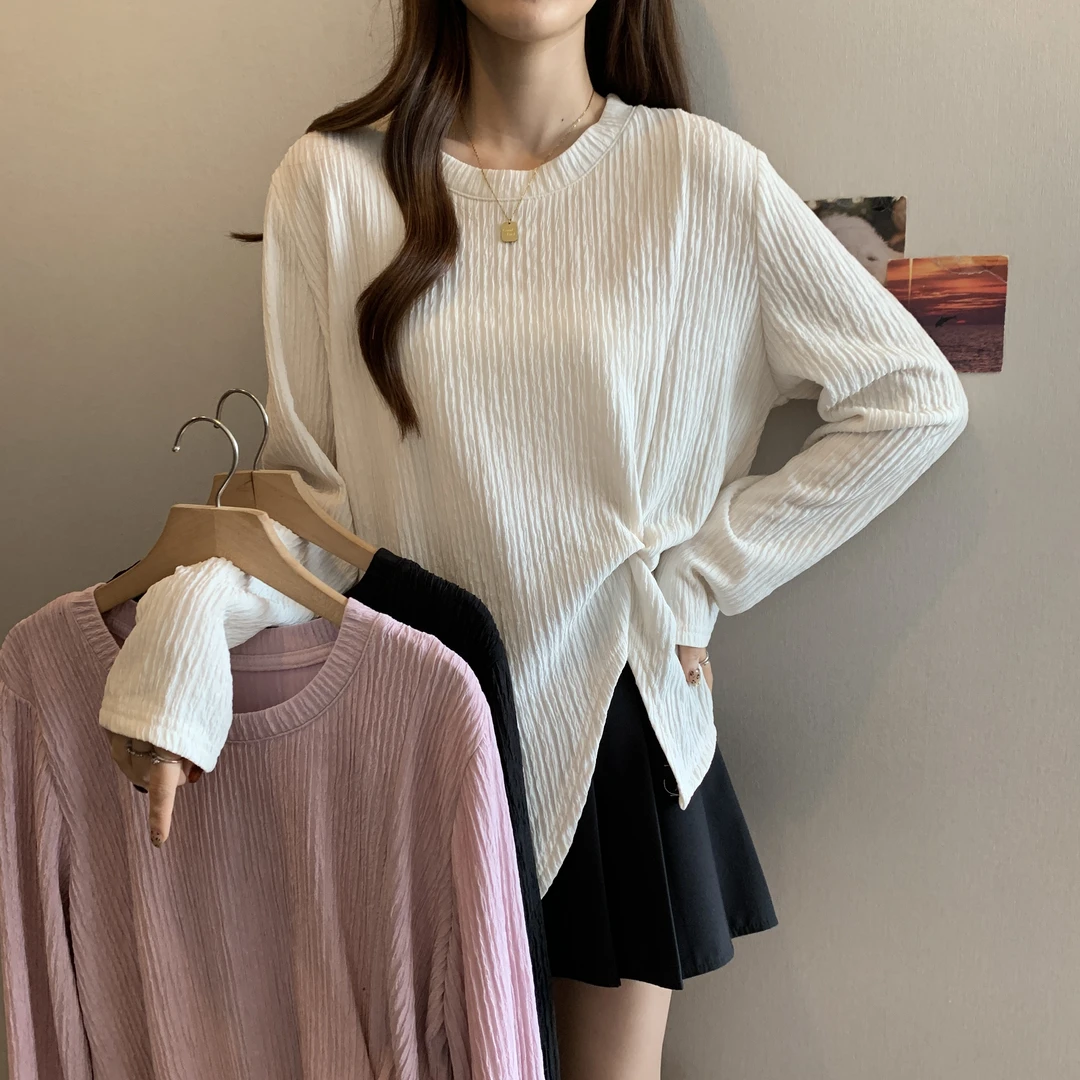 2025秋装新款胖mm大码设计感长袖T恤不规则收腰正肩打底上衣8292