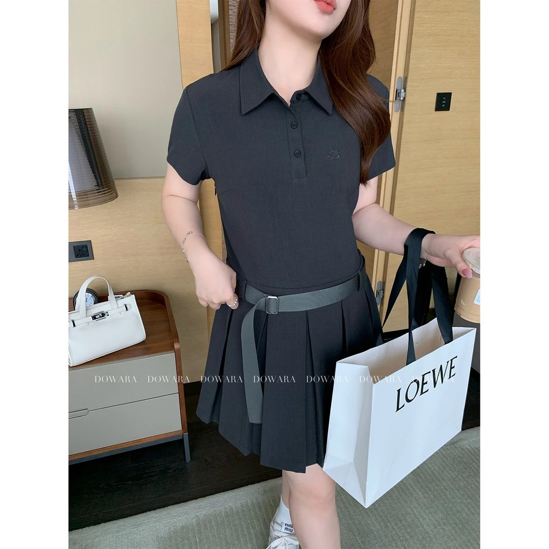 现货大婉酱微胖定制polo领假两件连衣裙女收腰a字百褶裙裙子6896D