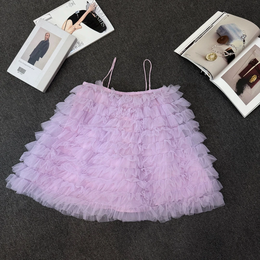 LULU 25年新款时尚减龄网纱显瘦宽松吊带蓬蓬短裙C036