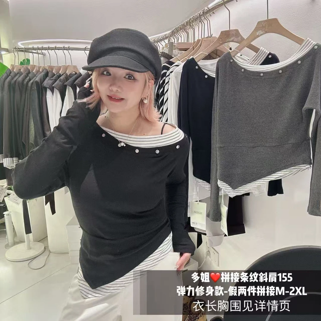 【多姐自卖】xsy拼接条纹斜肩155~四个码!新款露肩长袖T恤修身上衣