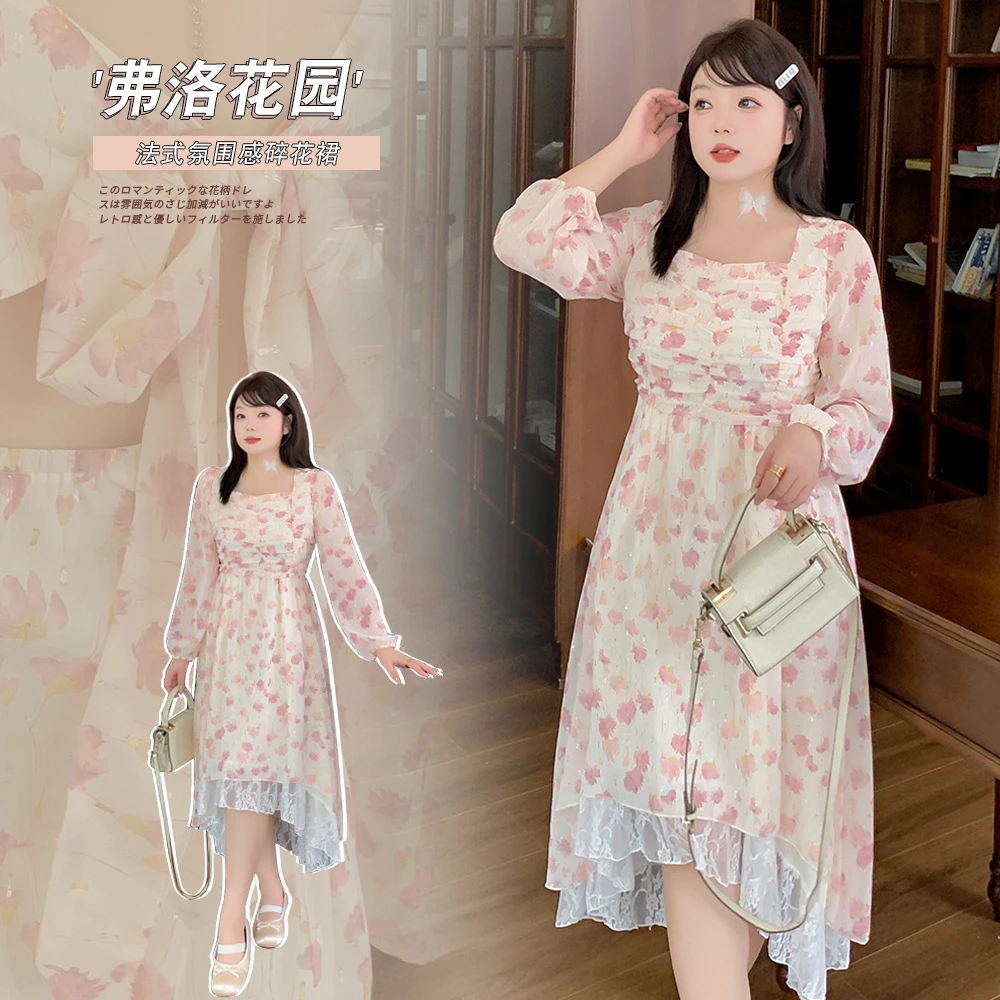 大码女装春季拼接蕾丝碎花连衣裙