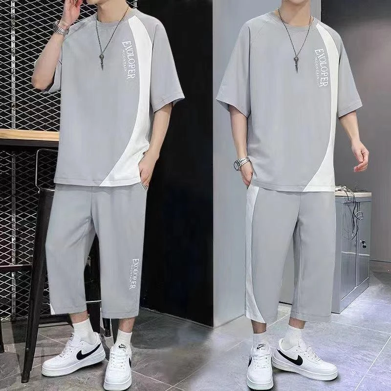 新款夏季短袖恤套装男韩版潮流青少年休闲运动七分裤两件套优质棉