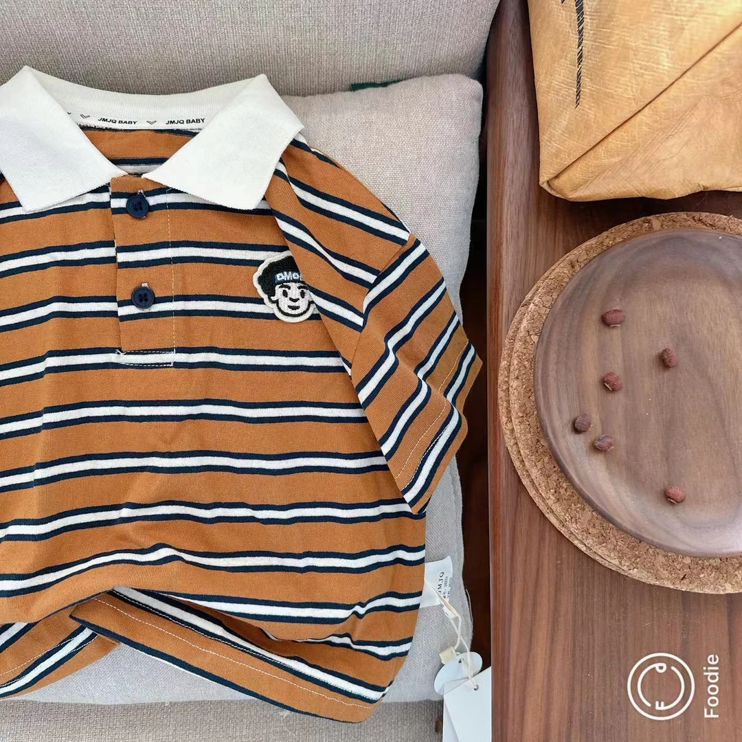 【JMJQ 20251】夏季薄款韩版中小童polo色织白底棕条休闲短袖上衣