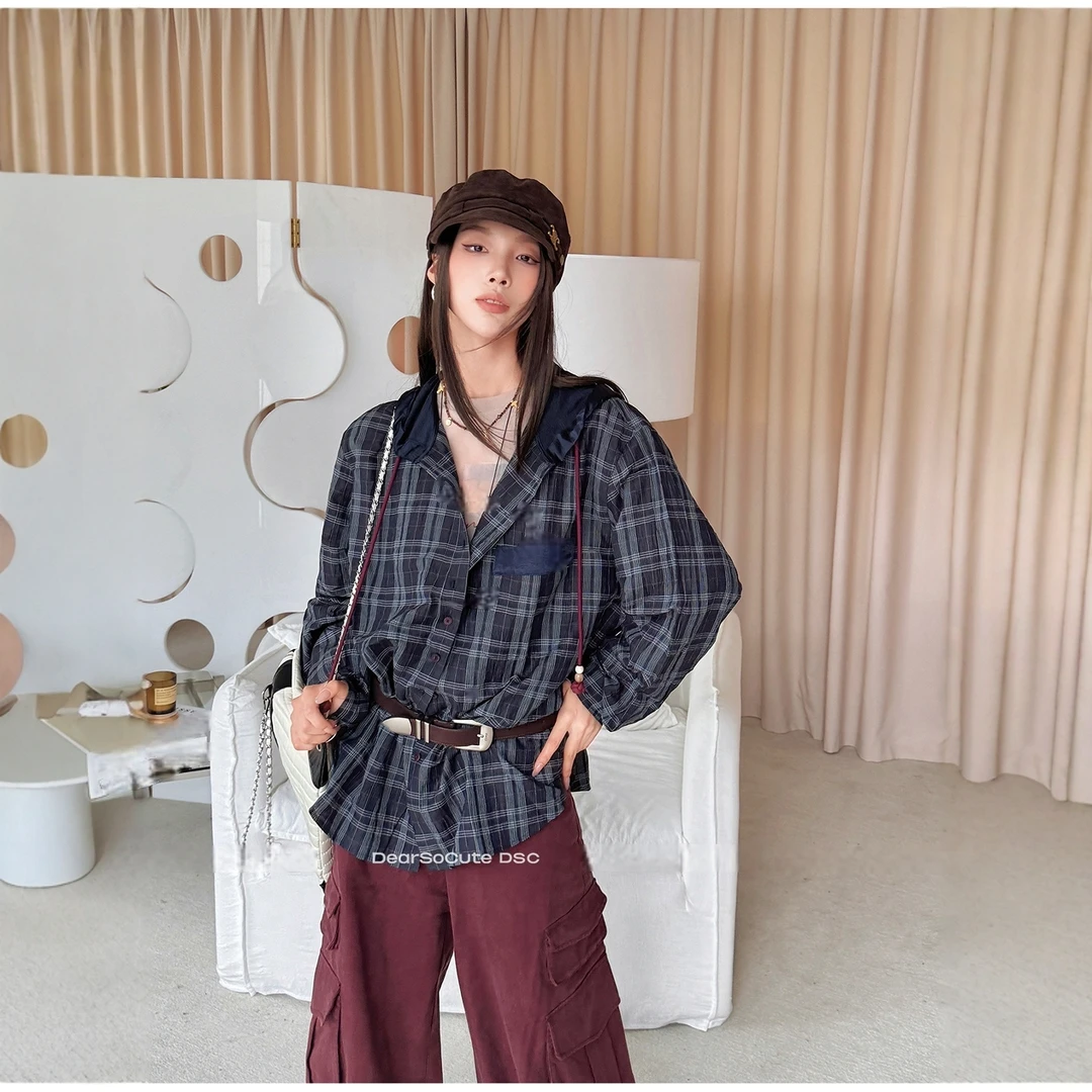 【ASY格子连帽衬衫】25秋季慵懒松弛感暮蓝格纹连帽衬衫休闲女