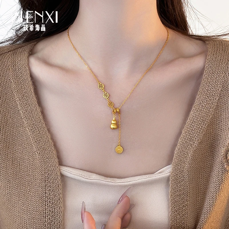 铜合金项链 好运金色葫芦项链女款2025新款毛衣链轻奢小众配饰