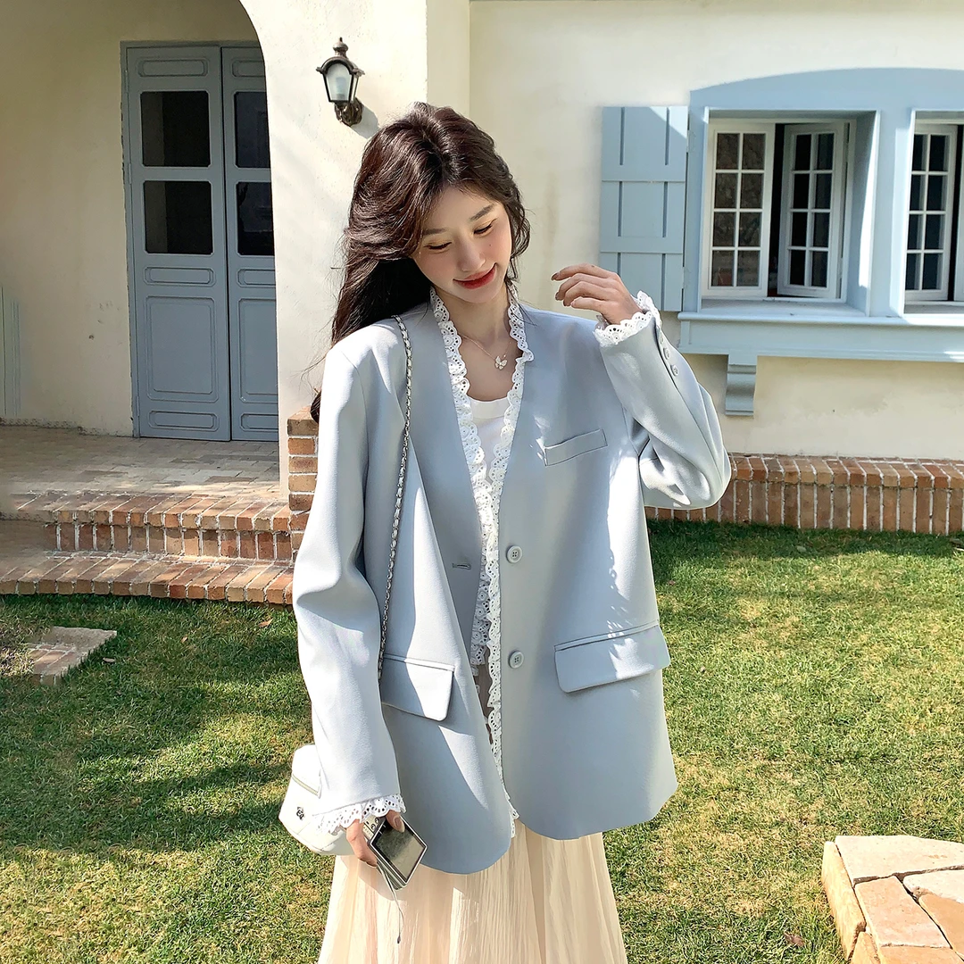 蓝色超好看蕾丝拼接西装外套女2025秋季新款独特漂亮气质休闲西服