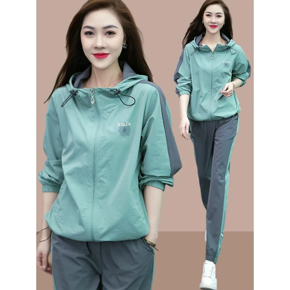 跑步运动服套装女2025新款春秋休闲时尚小个子连帽气质外套两件套