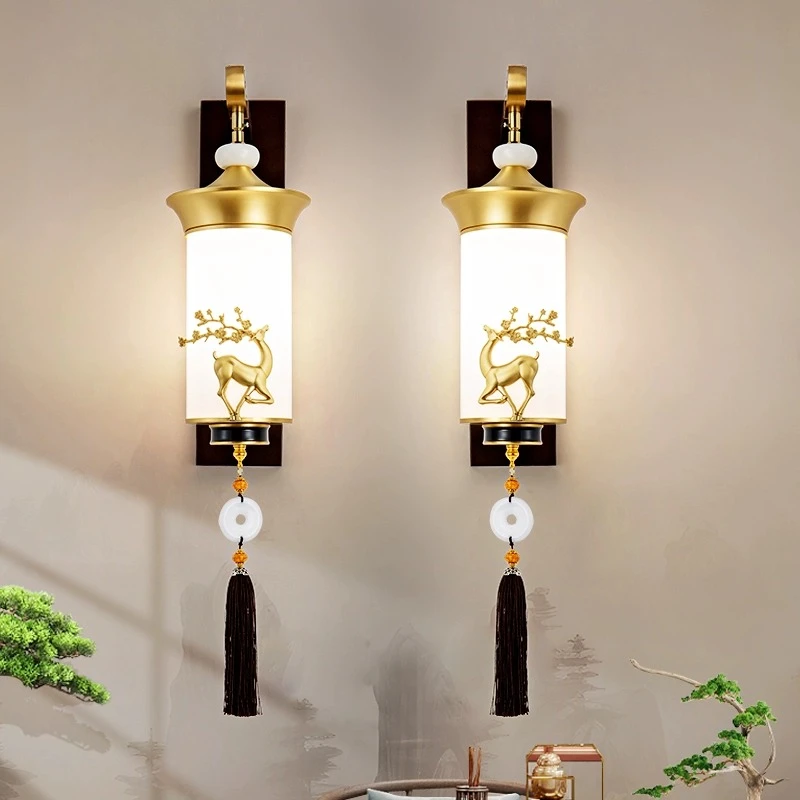 新中式全铜实木壁灯走廊过道灯禅意客厅电视墙灯高级感卧室床头灯