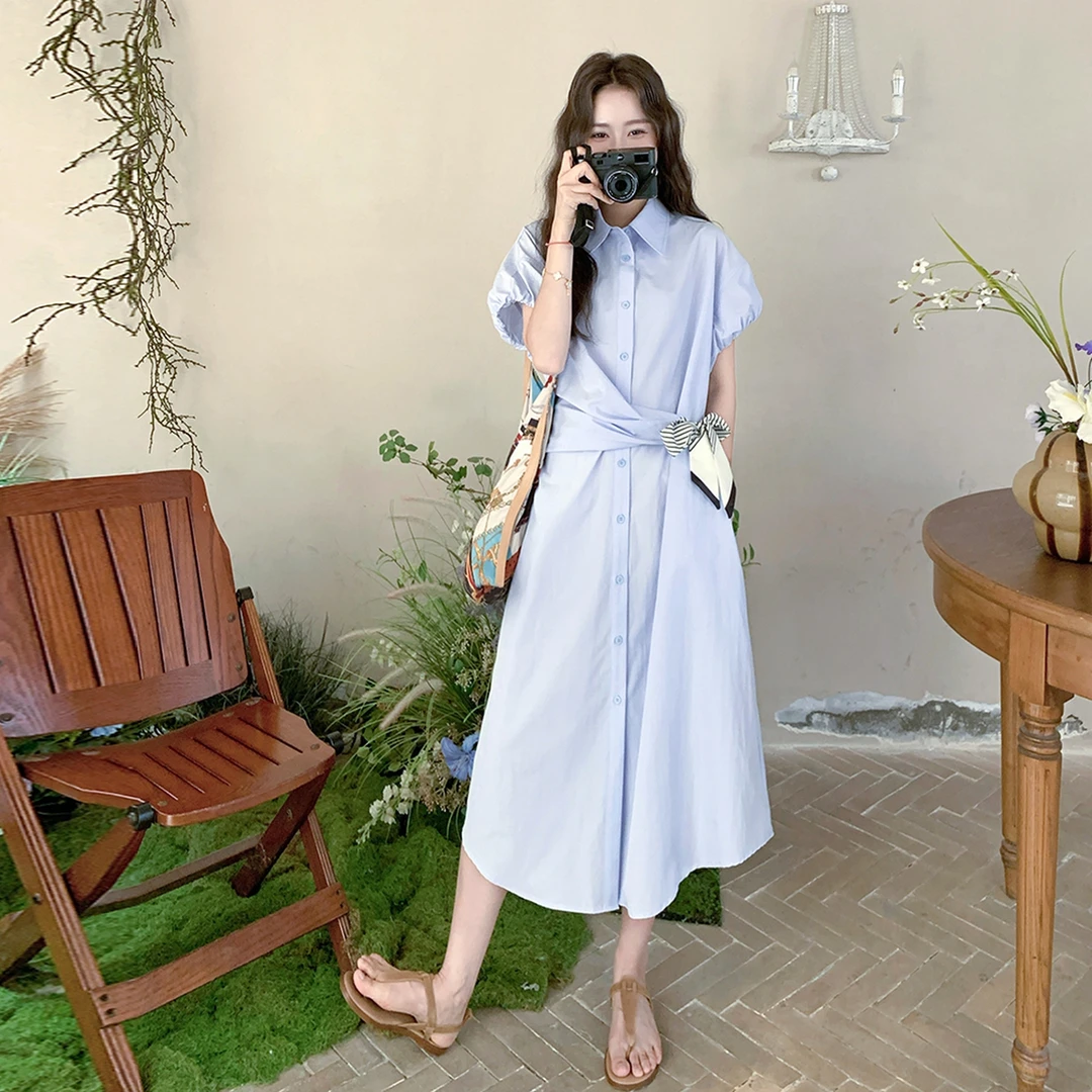 法式系带收腰显瘦泡泡袖衬衫裙女2025夏季气质中长款polo领连衣裙