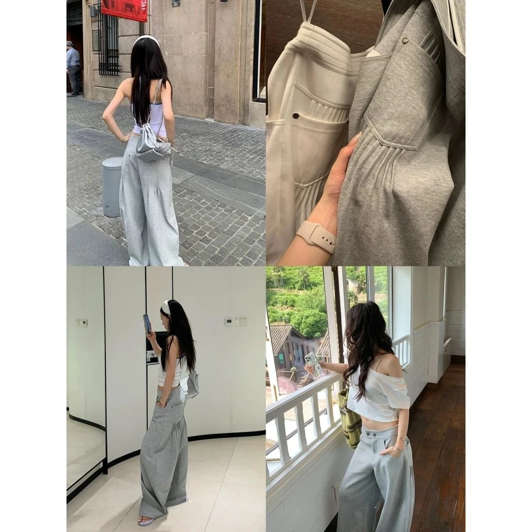 夏日LIVE挺阔感高棉方腰头褶皱休闲裤2025新款爆款女夏阔腿裤
