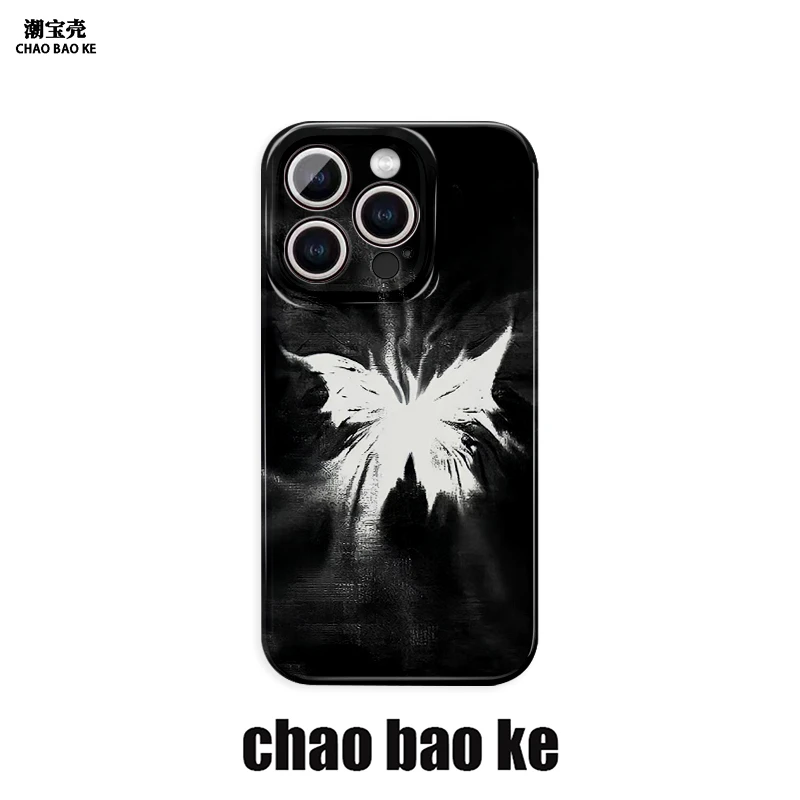 黑白油画蝴蝶适用于苹果16promax手机壳iphone15液态软壳14/13/12