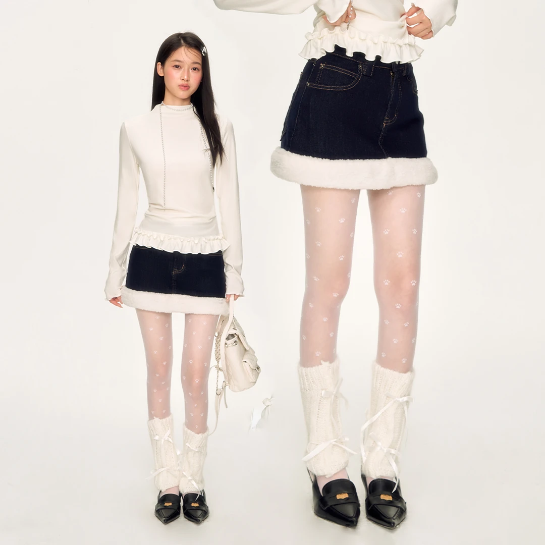 WEEKEND HUB初秋毛绒拼接牛仔短裙女2025新款韩系包臀短裙半身裙