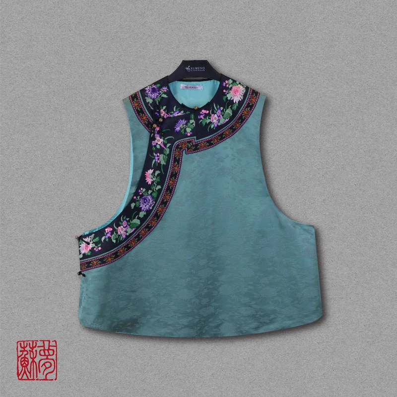 蘇夢静兰绮绣手绣圆领斜襟马甲天蓝色中式百搭0104458