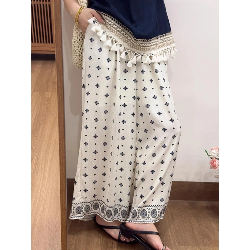 白色波西米亚风印花阔腿裙裤大码胖mm慵懒松弛感穿搭九分休闲裤裙