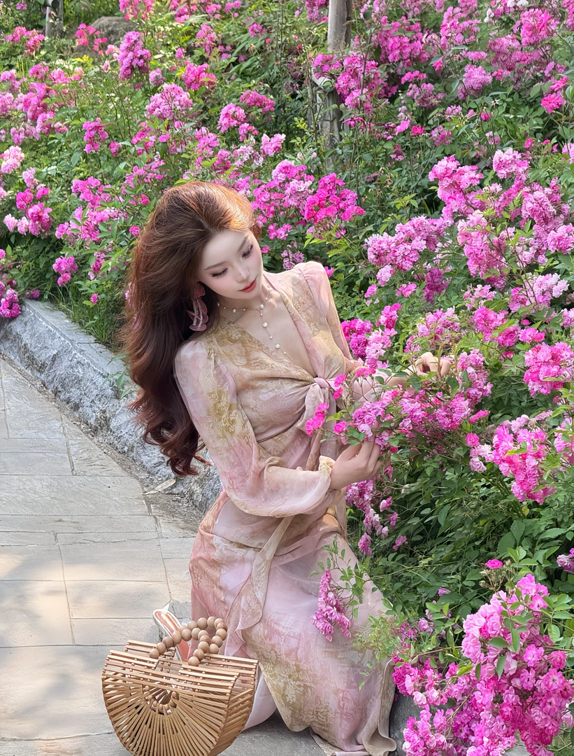 【溪谷丽人】挂脖式碎花套头印花包臀裙连衣裙显瘦长裙夏季T-25693