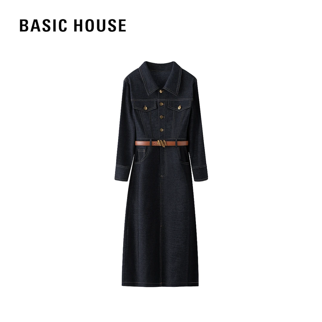 Basic House/百家好C春秋气质轻奢时尚设计师翻领长袖牛仔连衣裙