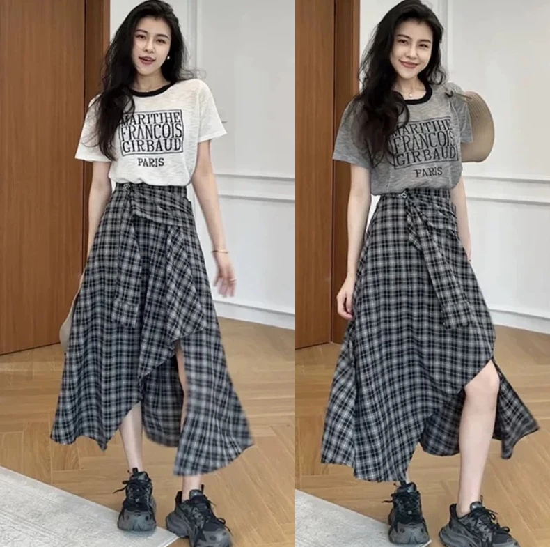 2025夏季新款松弛感印花短袖上衣不规则格子半身裙裤显瘦两件套女