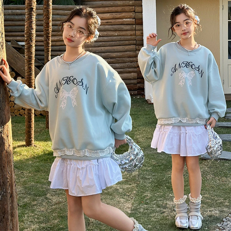 青少女大童卫衣春秋装学生加肥加大码圆领上衣蝴蝶蕾丝时髦打底衫
