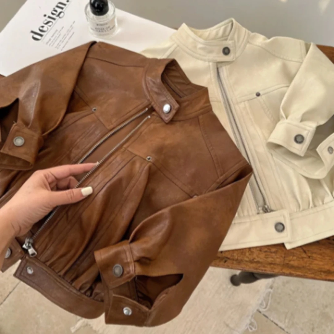 2025春秋新款儿童外套季新品男女宝宝百搭纯色皮夹克短款风皮衣潮