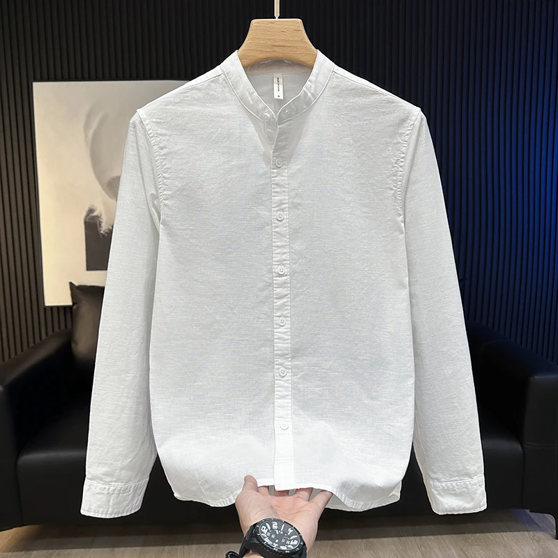 春秋季纯色立领长袖衬衫男宽松休闲百搭帅气棉麻日系男装衬衣外套