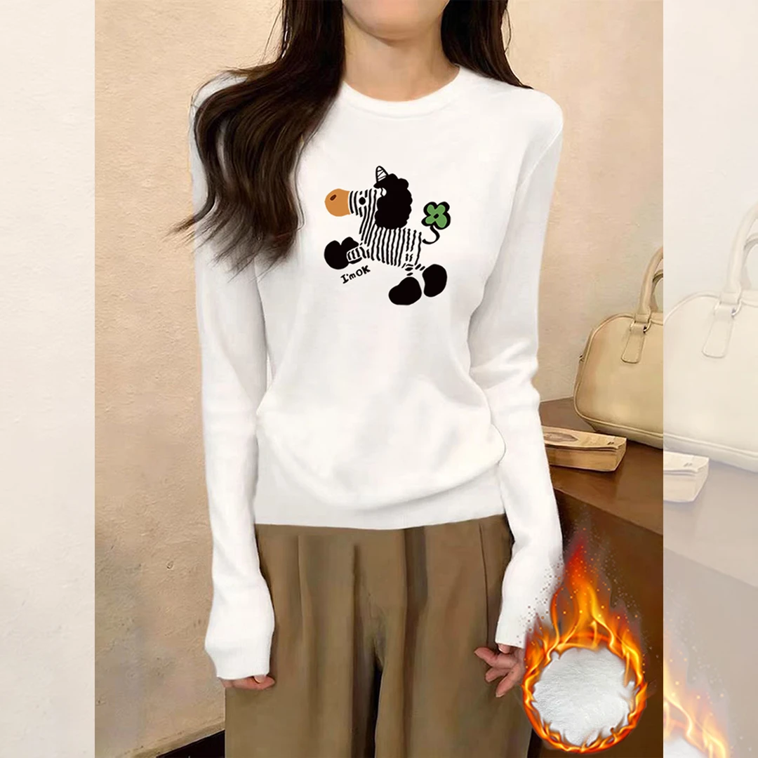 婳娇白色德绒长袖简约基础款T恤女新款加厚德绒宽松休闲圆领上衣