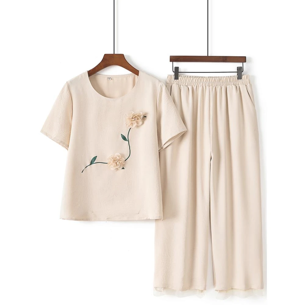 气质妈妈装夏装t恤套装短袖大码中年百搭女装小衫夏季中老年上衣