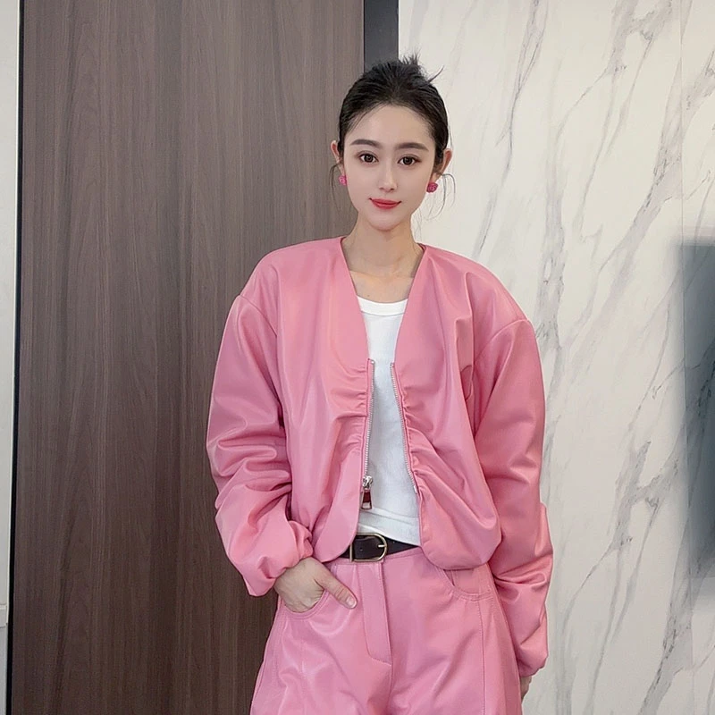 新款v领潮流质感真皮外套女韩版绵羊皮