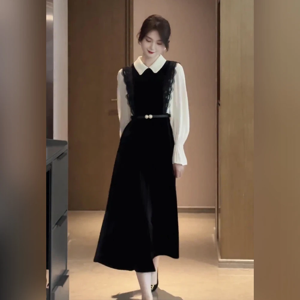 春秋季新款女装时尚穿搭法式复古连衣裙两件套装通勤气质长袖女士